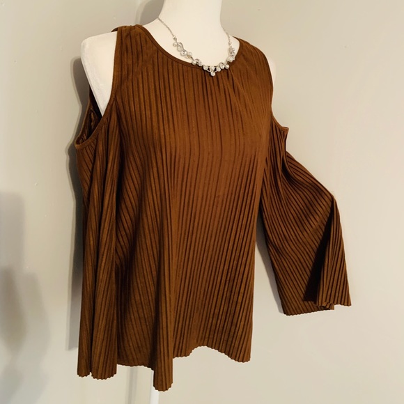 Chico Brown Pleated Faux-Suede Cold Shoulder Top - Picture 2 of 8